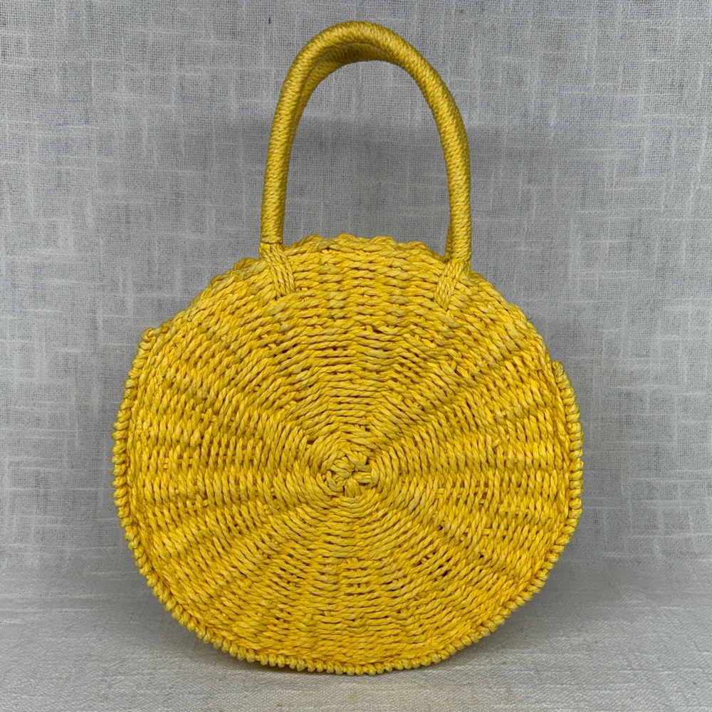 MMS Round Yellow straw Raffia Woven Handbag with zip closure and Top Handle